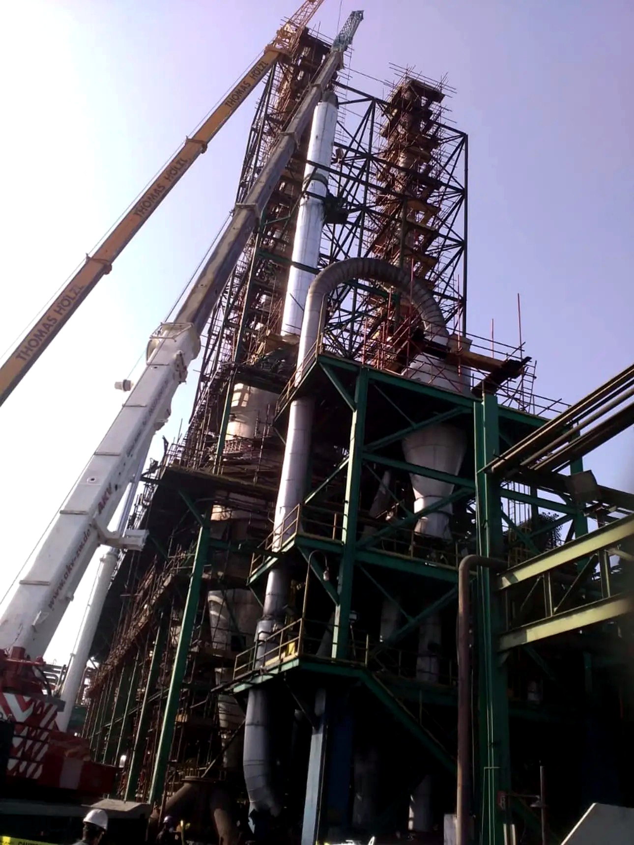Industrial tower, ducts and crane installation